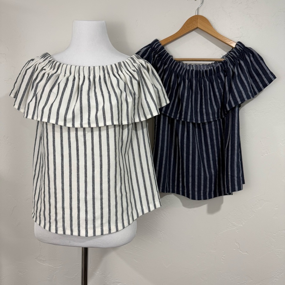 Banana Republic 2 Off Shoulder Striped Ruffle Blouses Preppy Elegant Casual Boho
